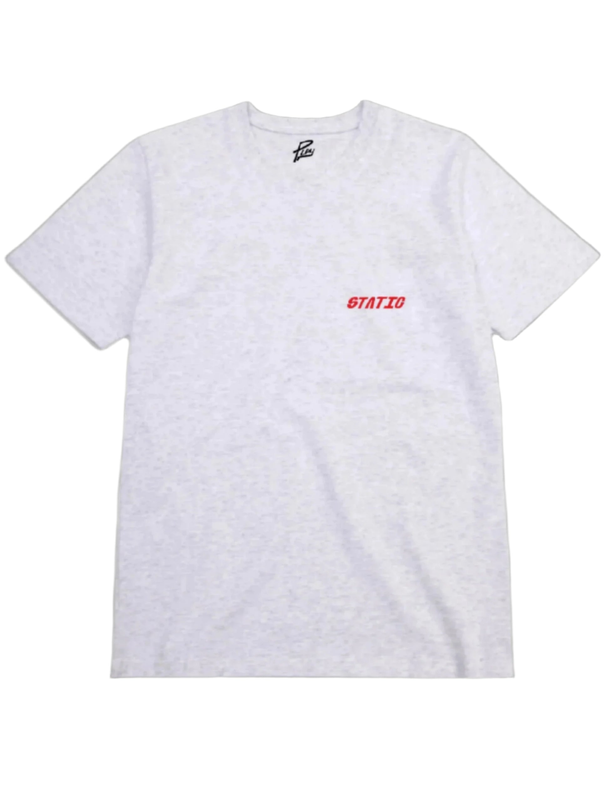 Grey t-shirt with red text on a white background